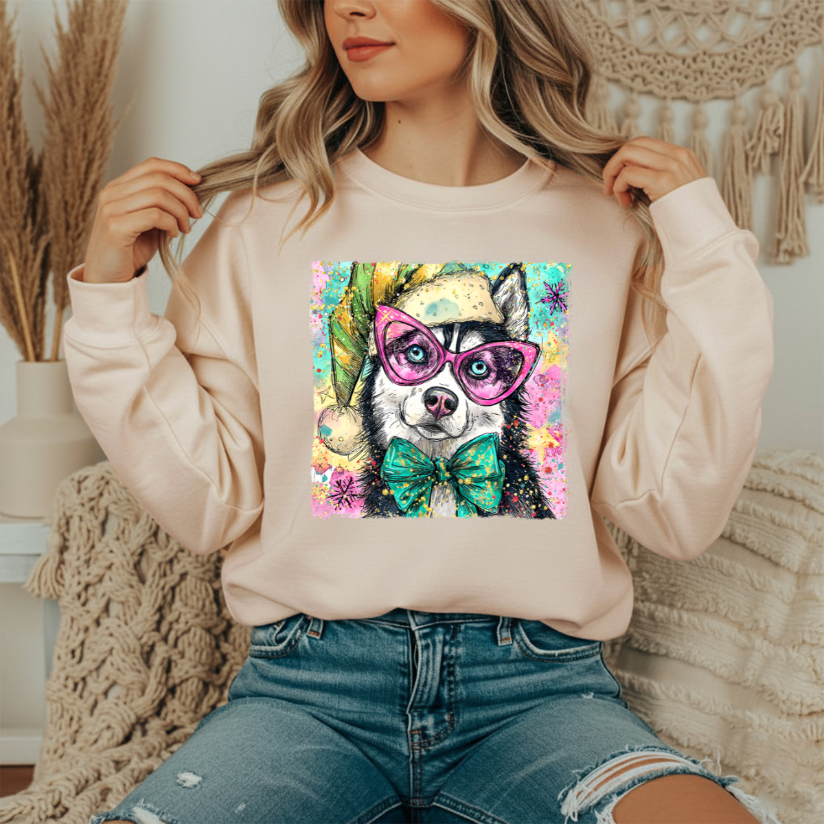 Christmas watercolor Husky Crewneck