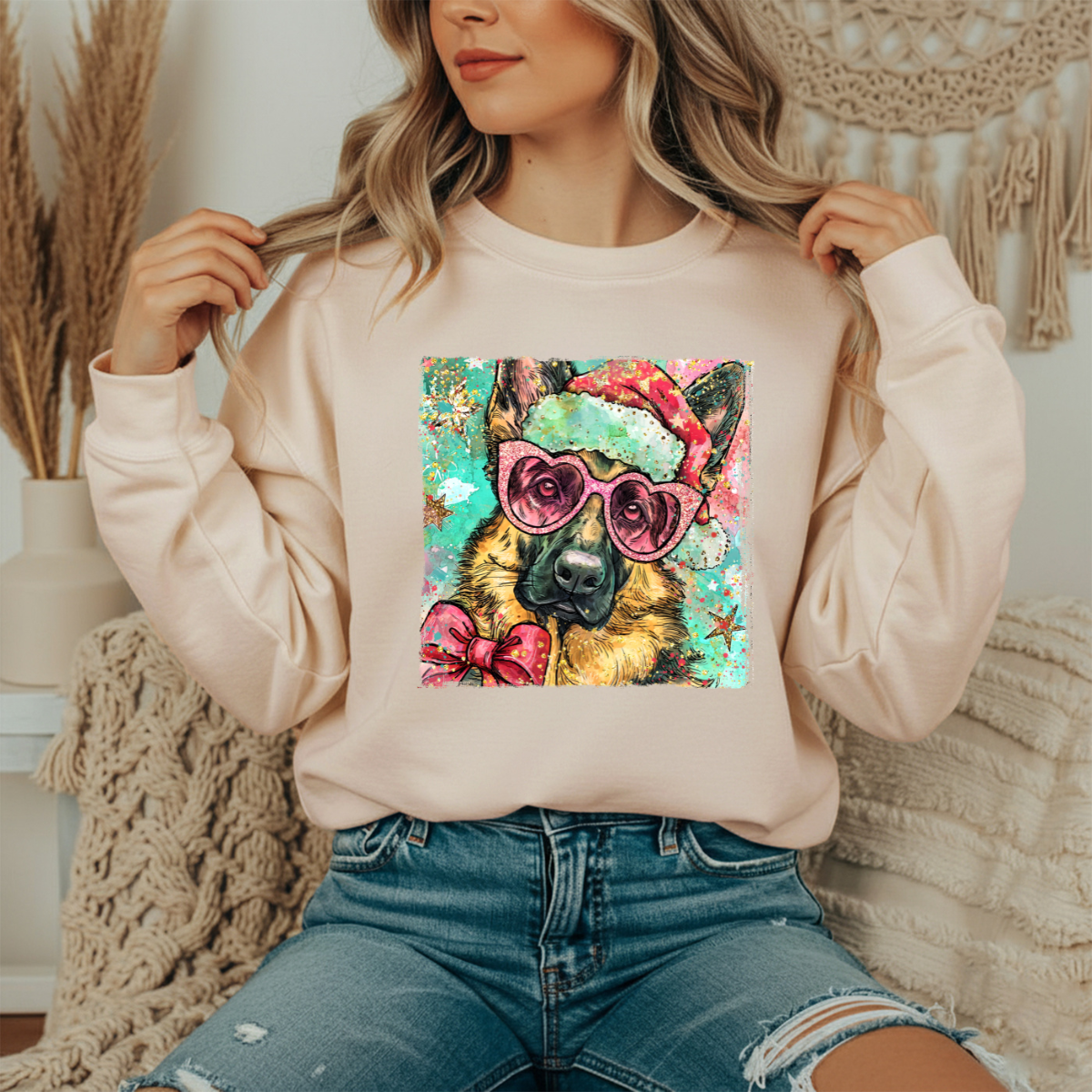 Christmas watercolor German shepherd Crewneck