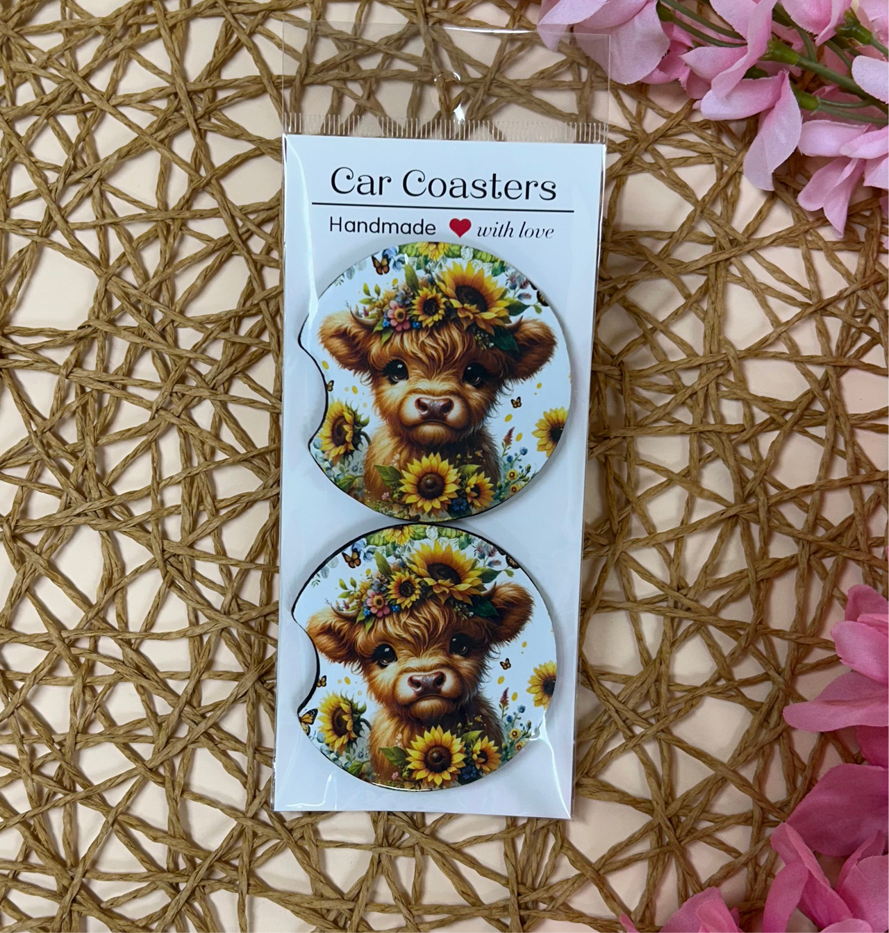 Cow and sunflowers car coaster set