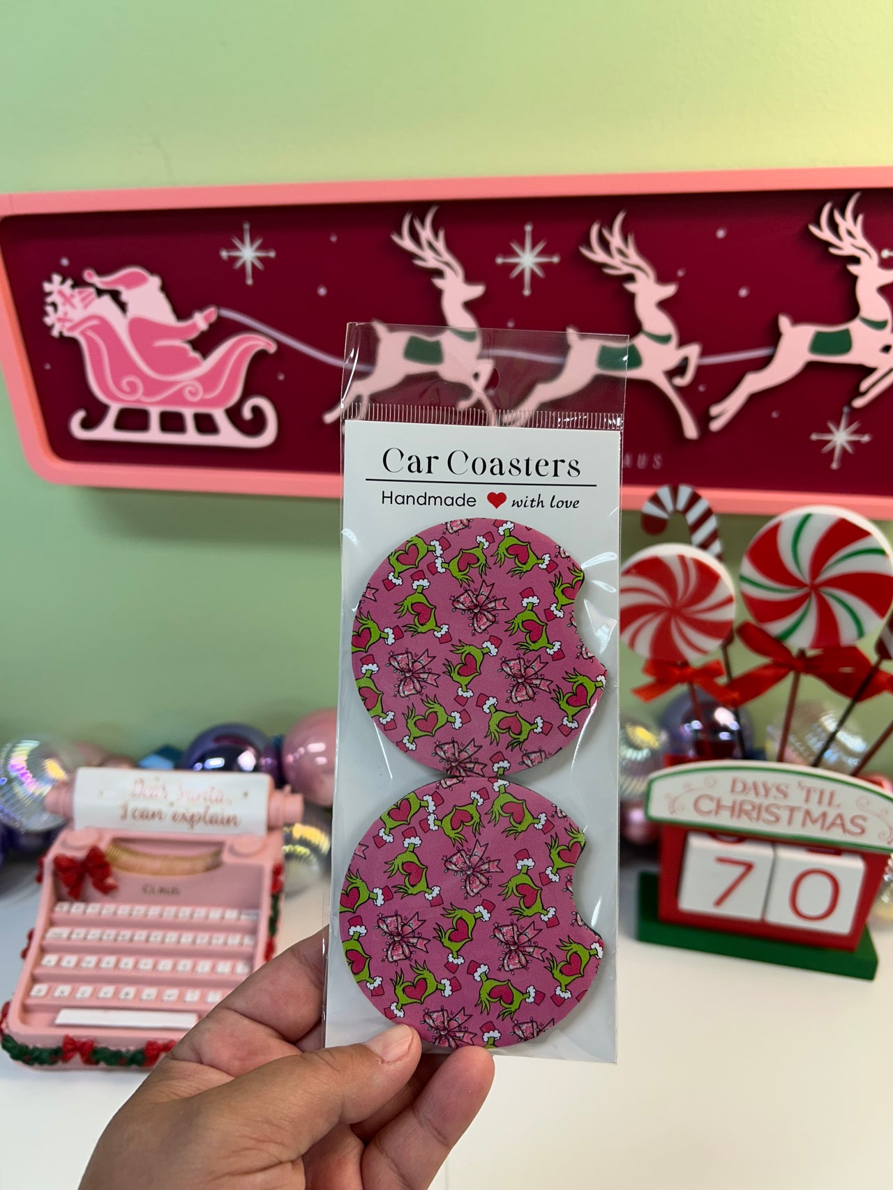 Grinch heart car coaster