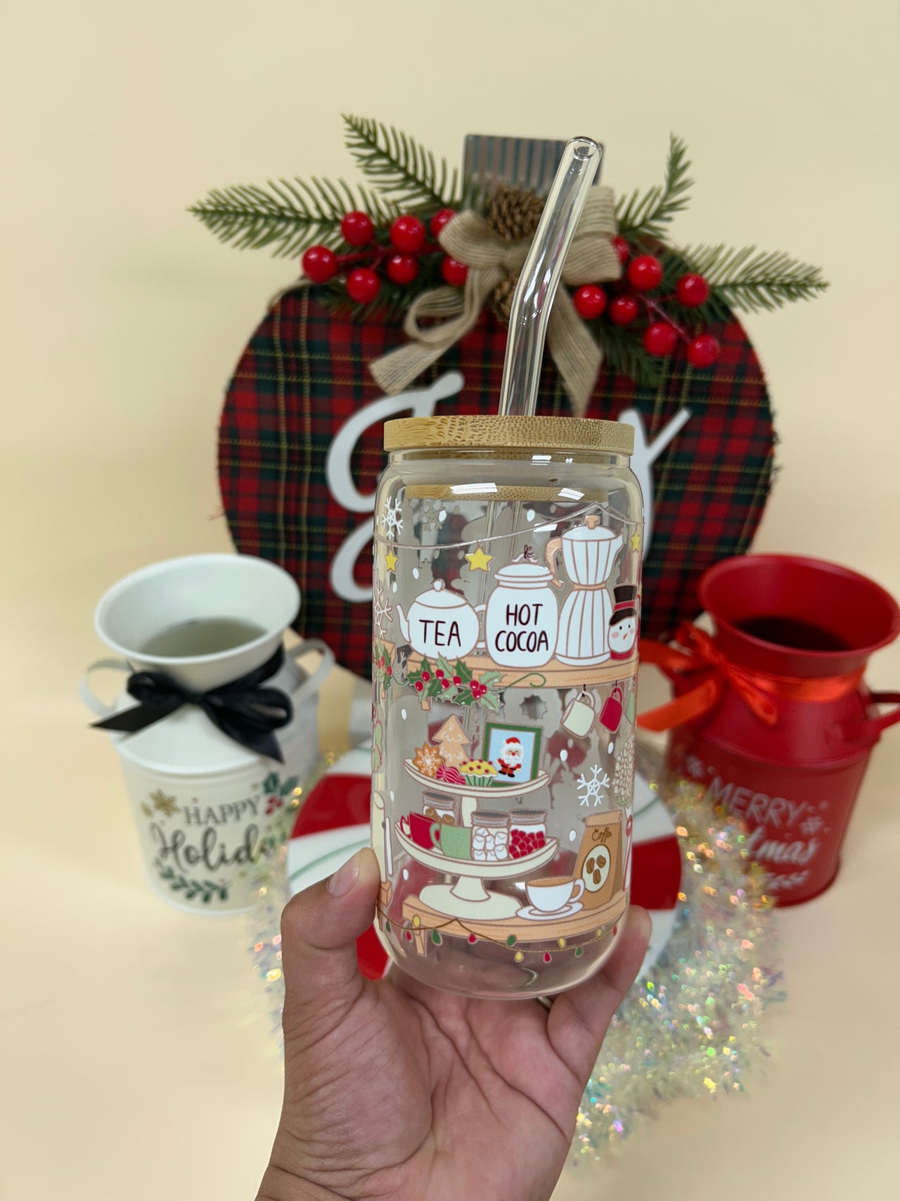 Coffee Christmas Shelf 16oz Can Shape Glass Cup
