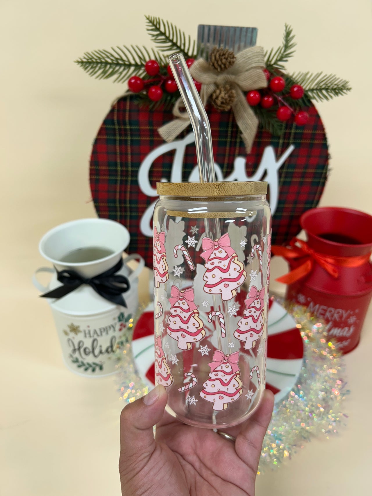 Pink Christmas Tree Cake 16oz Can Shape Glass