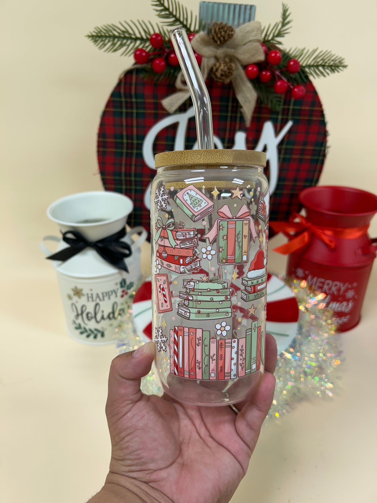 Christmas Book Joy 16oz Can Shape Glass Cup