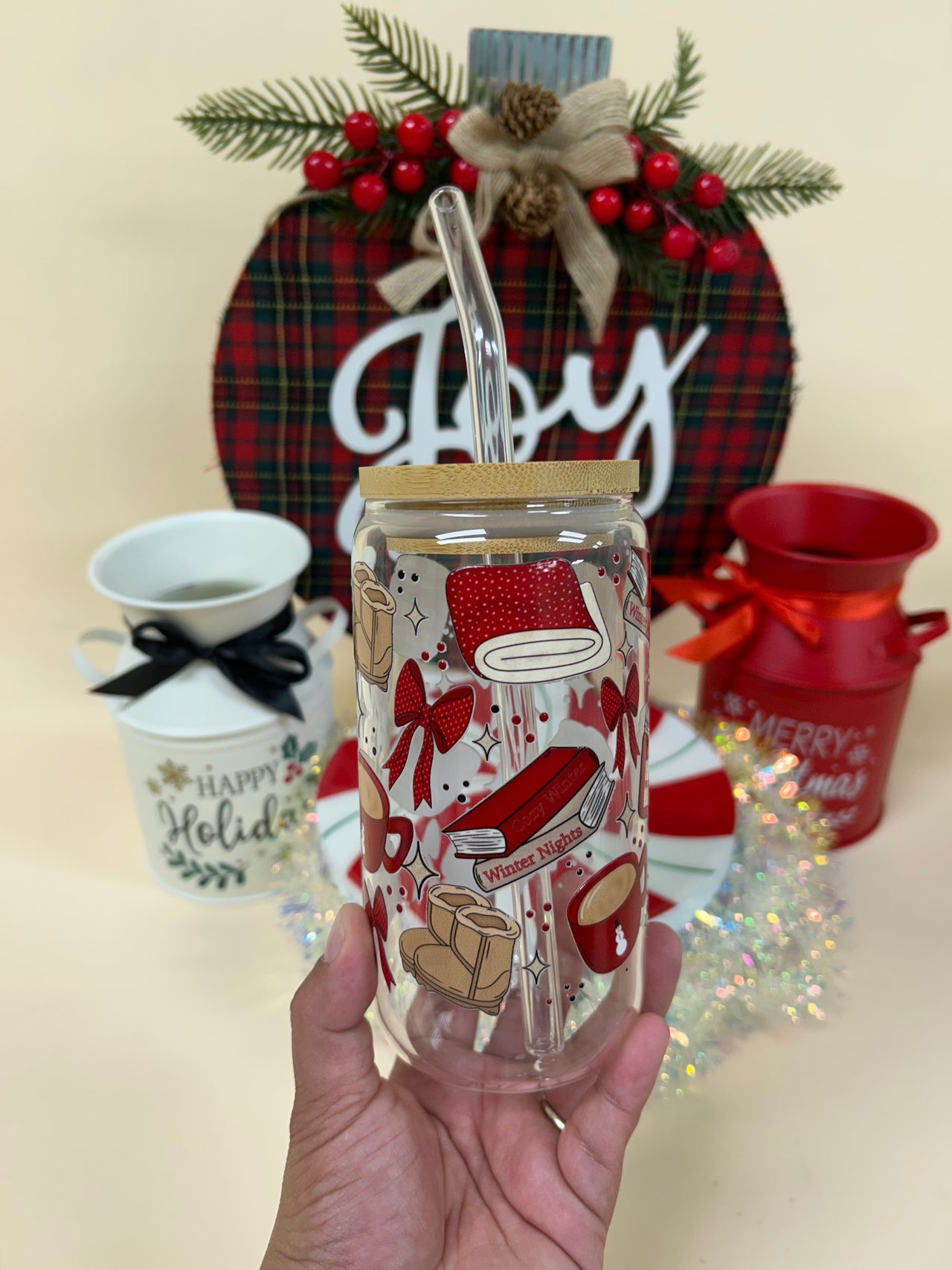 Cozy Winter 16oz Glass Can Shape Cup