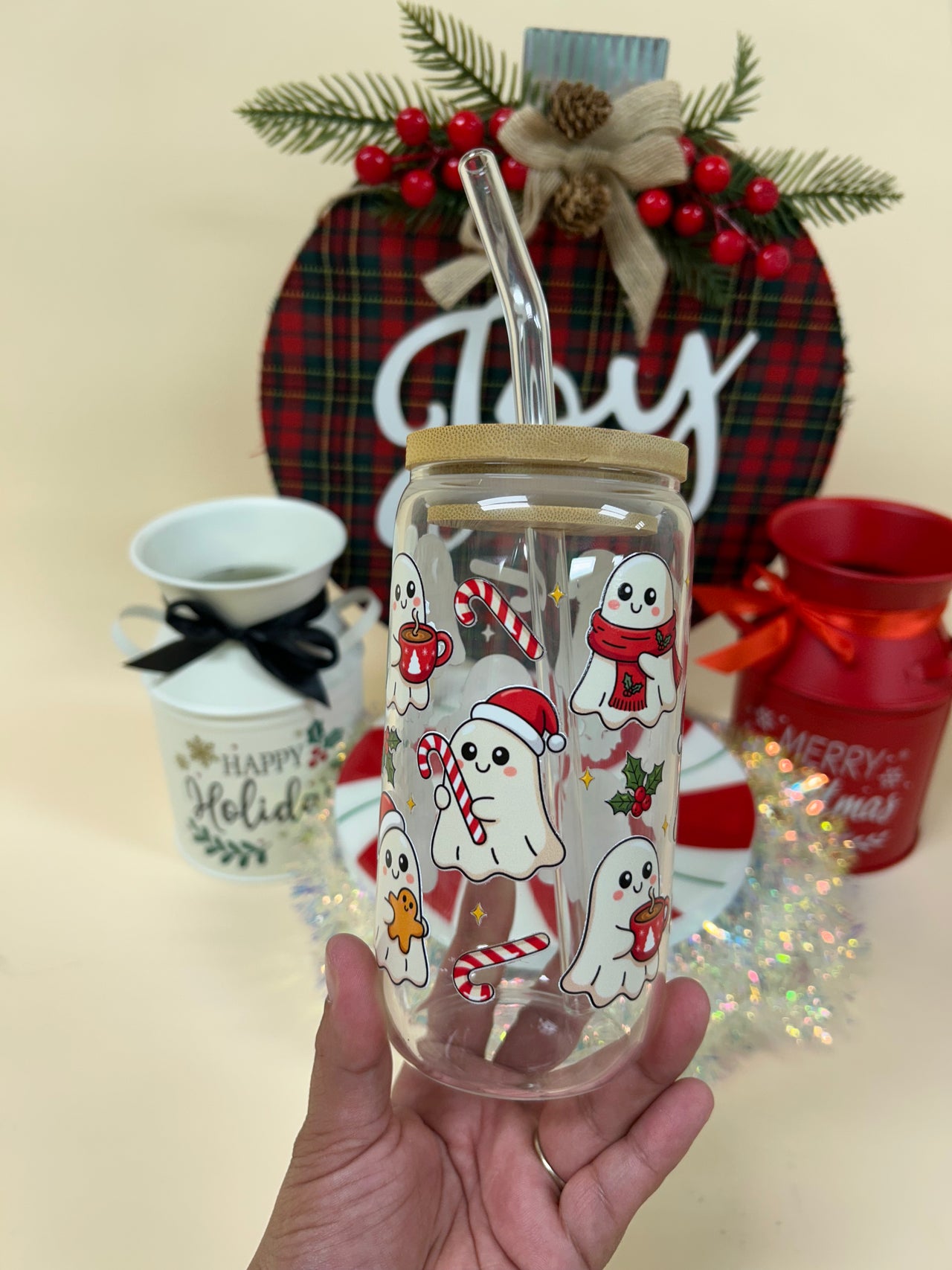 Candy Cane and Bestie Ghouls 16oz Can Shape Glass Cup
