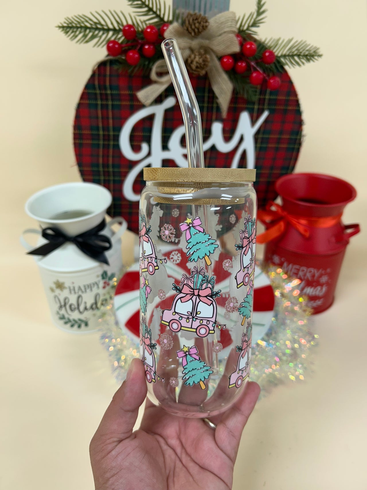Christmas Shopping in pink 16oz Can Shape Glass Cup