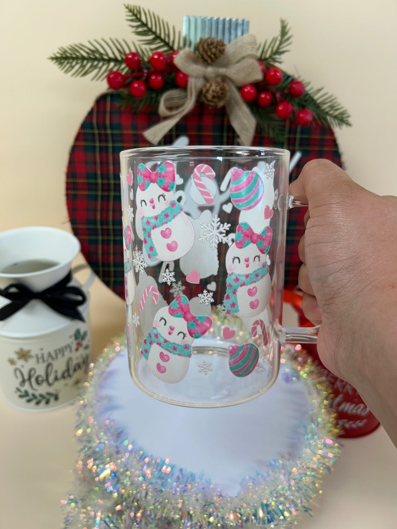 Snowgirl pastel glass mug