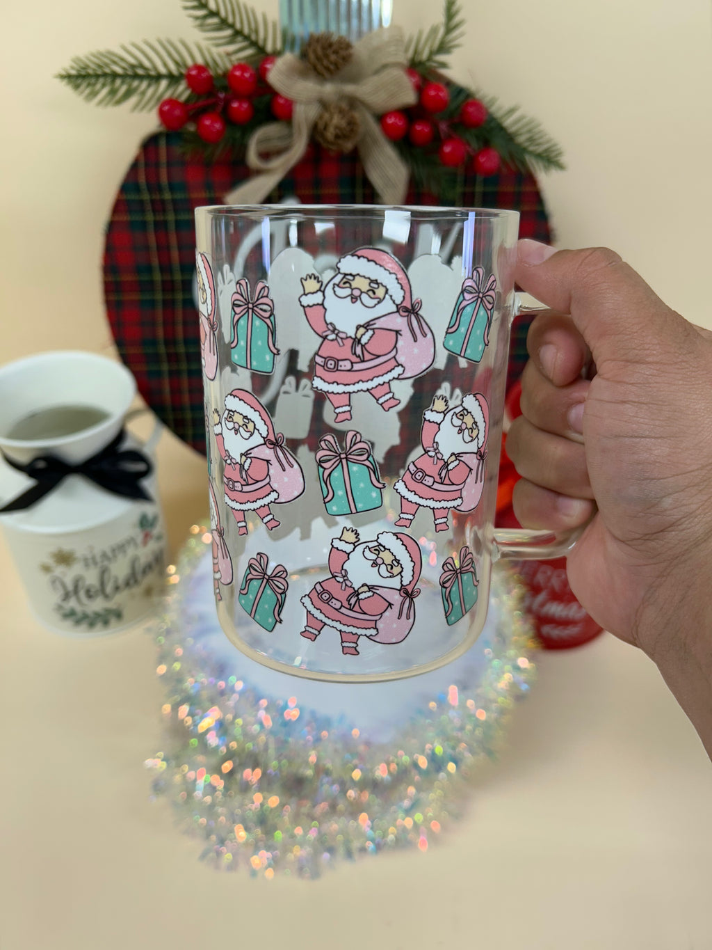 Santa pink glass mug