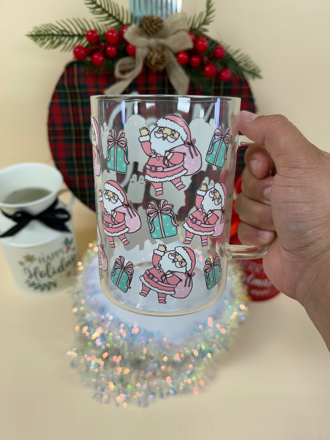 Santa pink glass mug